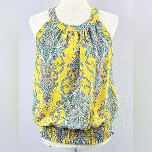 Rose & Olive High Neck Halter Top Yellow Floral Print Size Small
